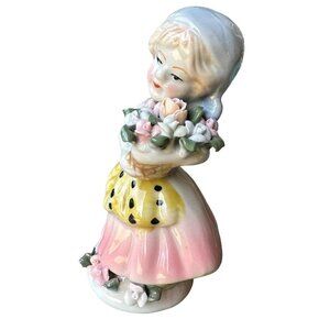 VTG‎ 1960s Figurine 5.5" Blonde Girl Roses Flower Bouquet Glazed Porcelain Dress